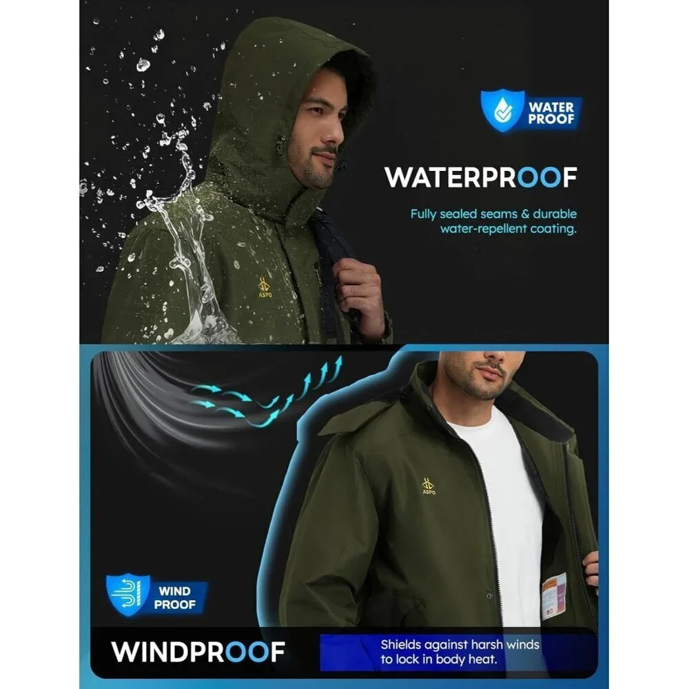 Men Army Green 1 Waterproof Winter Warm Snow Coat Fleece Lined Hiking Ski Jacket